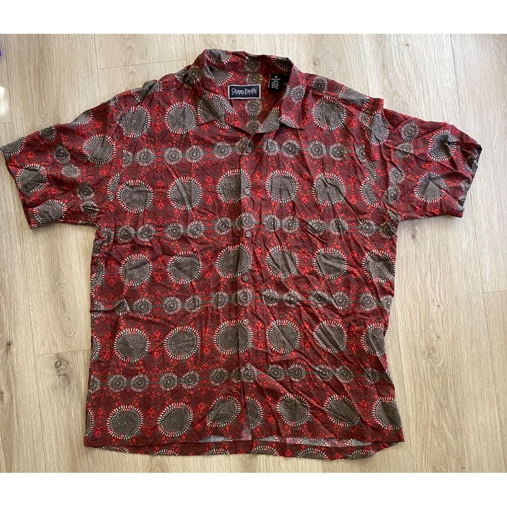 Vintage Ocean Pacific Mens Hawaiian Shirt Red Black Geometric OP Button Up